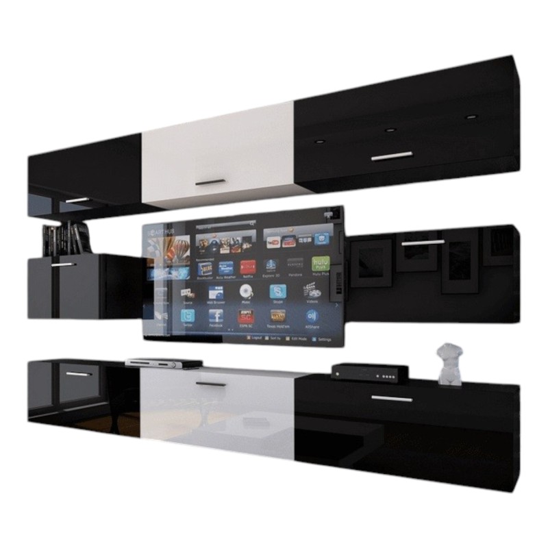 Ensemble meubles de salon noir et blanc suspendus collection CEPTO VII 249 cm, 8 portes, modulables, milieu blanc