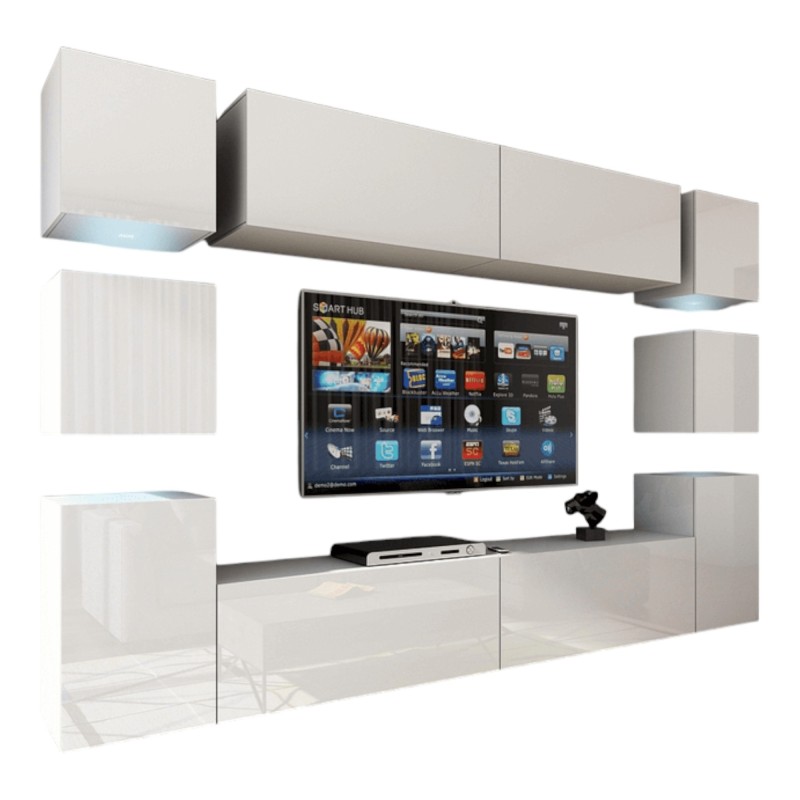 Ensemble de meubles de salon blanc suspendus collection CEPTO XIV. 256cm, 10 meubles, 10 portes, leds