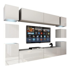 Ensemble de meubles de salon blanc suspendus collection CEPTO XIV. 256cm, 10 meubles, 10 portes, leds