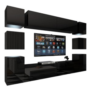Ensemble de meubles de salon noir suspendus collection CEPTO XIV. 256cm, 10 meubles, 10 portes, leds