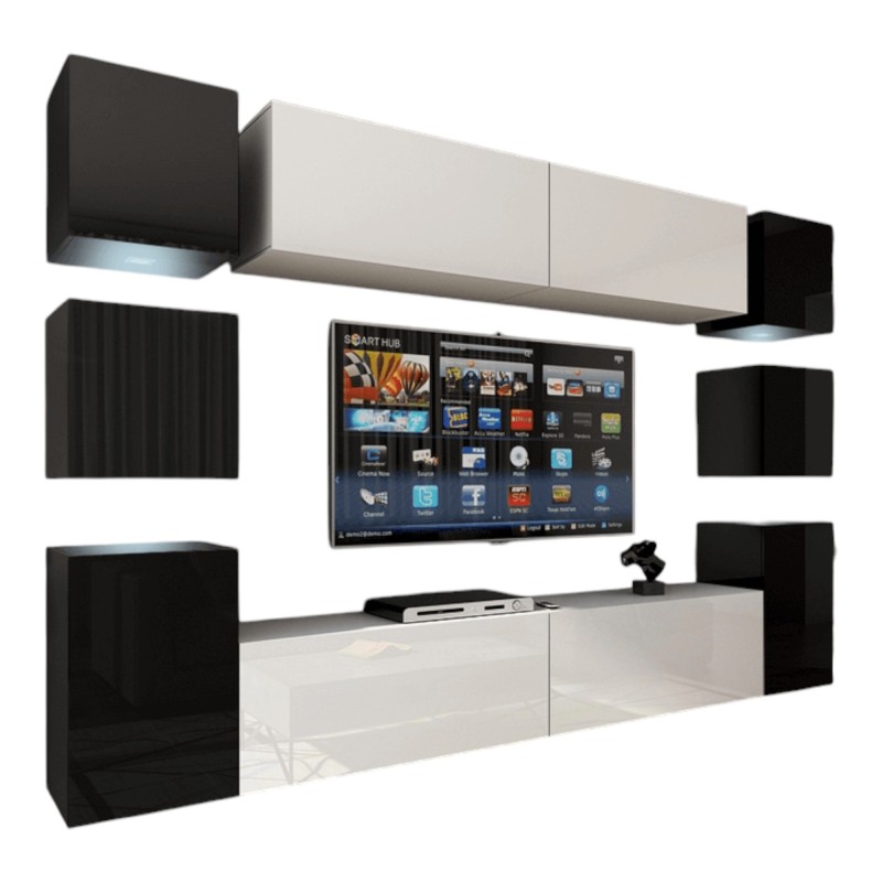 Ensemble de meubles de salon noir et blanc suspendus collection CEPTO XIV. 256cm, 10 meubles, 10 portes, leds