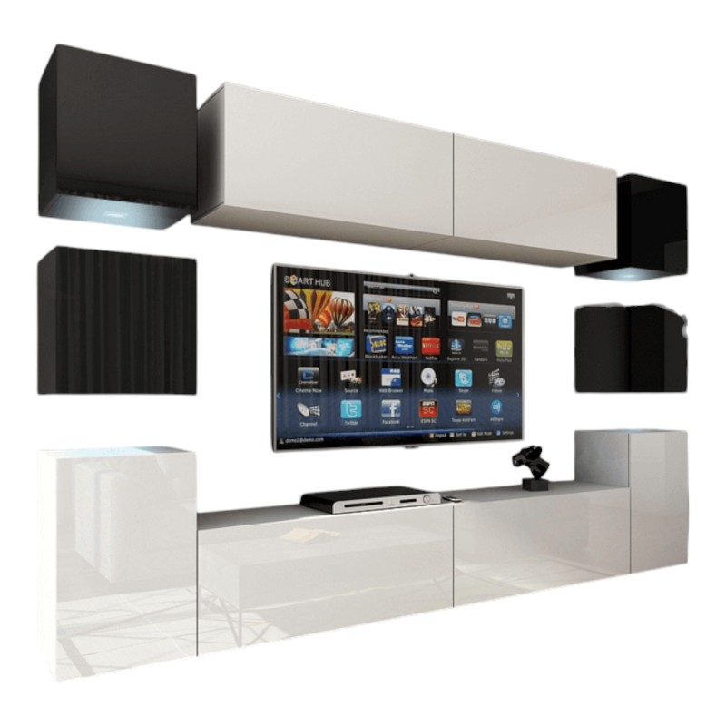 Ensemble meubles de salon blanc et noir suspendus collection CEPTO XIV 256 cm, 10 meubles, LEDs, cube noir