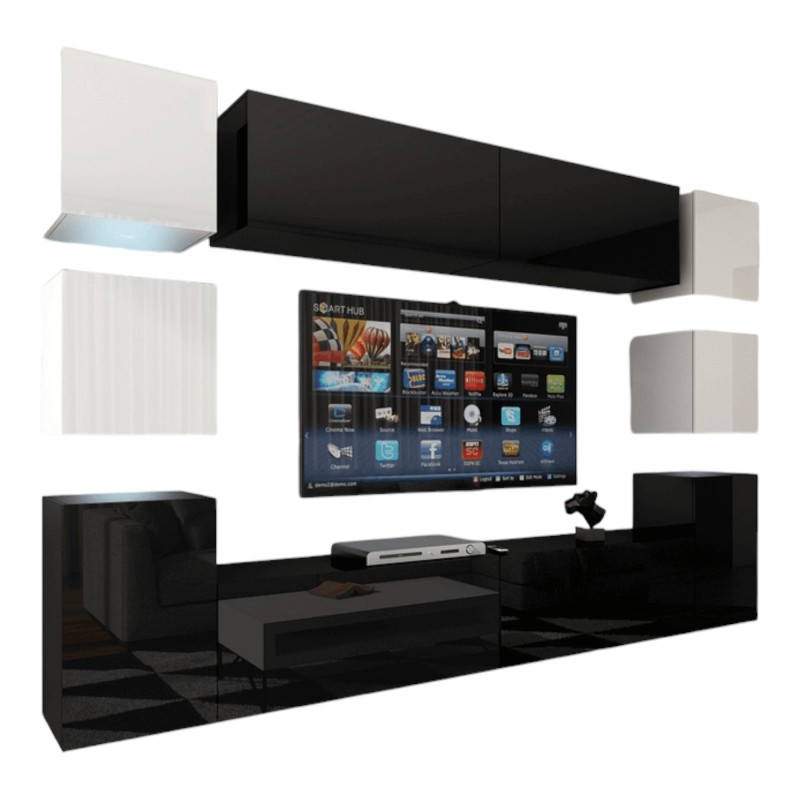 Ensemble meubles de salon noir et blanc suspendus collection CEPTO XIV 256 cm, 10 meubles, LEDs, cube blanc