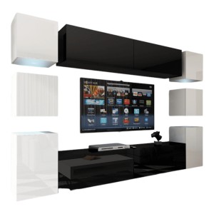 Ensemble meubles de salon suspendus milieu noir, côté blanc collection CEPTO XIV. 256cm, 10 meubles, leds.