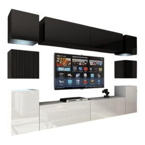 Ensemble meubles de salon suspendus haut noir, bas blanc, collection CEPTO XIV 256 cm, 10 meubles, LEDs