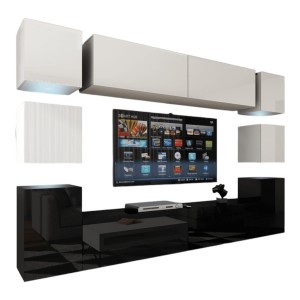 Ensemble meubles de salon suspendus bas noir, haut blanc collection CEPTO XIV. 256cm, 10 meubles, leds.