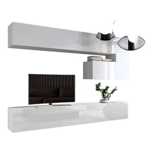 Ensemble meubles de salon suspendus blanc collection CEPTO XV. 249cm, 8 meubles, leds.