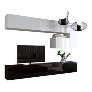 Ensemble meubles de salon suspendus blanc et noir collection CEPTO XV. 249cm, 8 meubles, leds.