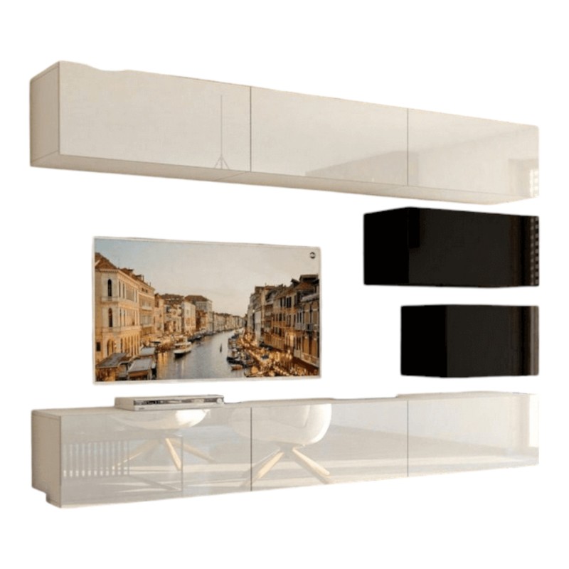 Ensemble de meubles de salon blanc et noir suspendus collection CEPTO XVI 249cm, 8 meubles, modulables.