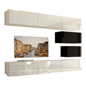 Ensemble de meubles de salon blanc et noir suspendus collection CEPTO XVI 249cm, 8 meubles, modulables.