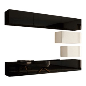 Ensemble de meubles de salon noir et blanc suspendus collection CEPTO XVI 249cm, 8 meubles, modulables.