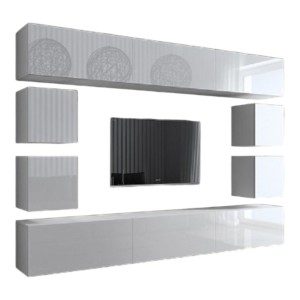Ensemble de meubles de salon blanc suspendus collection CEPTO XVII 249cm, 10 meubles, leds, modulables.