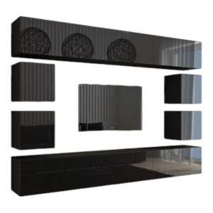 Ensemble de meubles de salon noir suspendus collection CEPTO XVII 249cm, 10 meubles, leds, modulables.