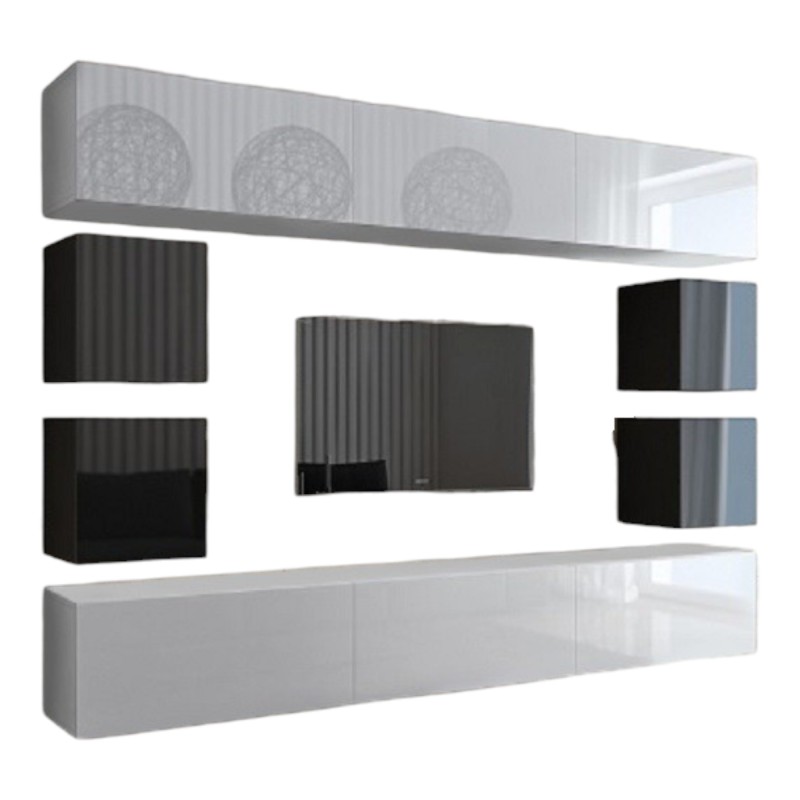 Ensemble meubles de salon blanc et noir suspendus collection CEPTO XVII 249 cm, 10 meubles, LEDs, modulables