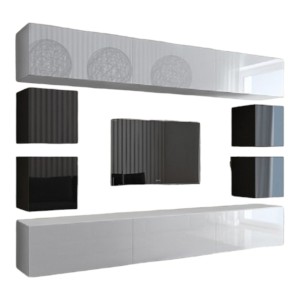 Ensemble meubles de salon blanc et noir suspendus collection CEPTO XVII 249 cm, 10 meubles, LEDs, modulables