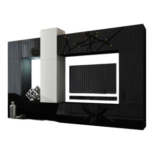 Ensemble de meubles de salon noir et blanc suspendus collection CEPTO XXII. 273cm, 10 meubles, leds, modulables.