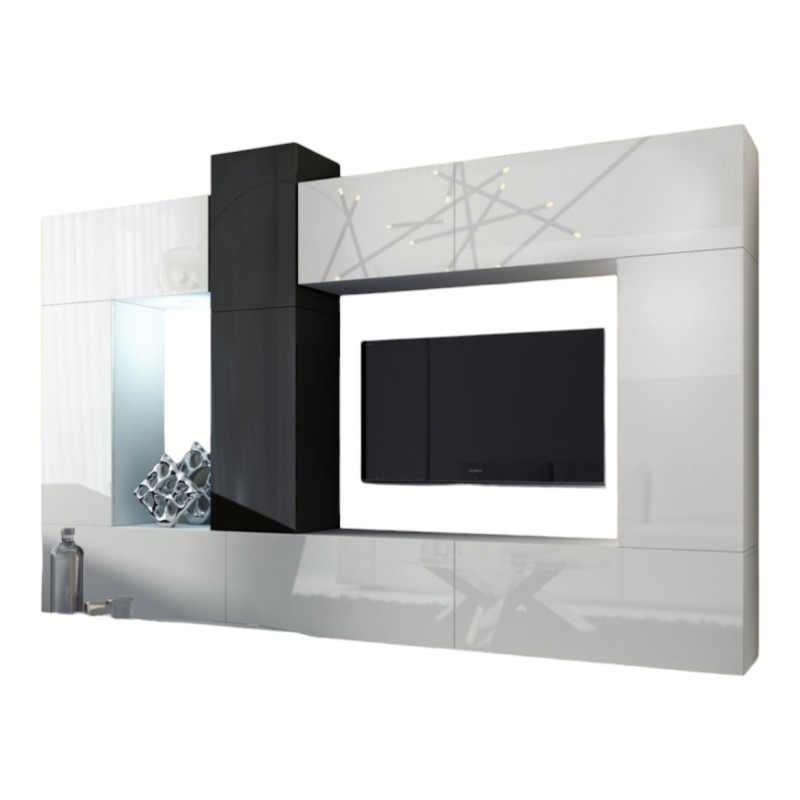 Ensemble de meubles de salon blanc et noir suspendus collection CEPTO XXII. 273cm, 10 meubles, leds, modulables.