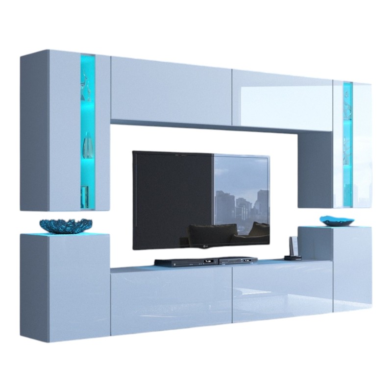Ensemble de meubles de salon blanc suspendus collection CEPTO XXIV. 240cm, 8 meubles, leds, modulables.