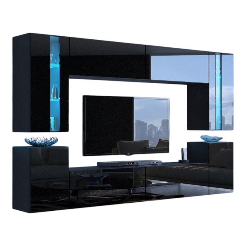 Ensemble de meubles de salon noir suspendus collection CEPTO XXIV. 256cm, 8 meubles, leds, modulables.