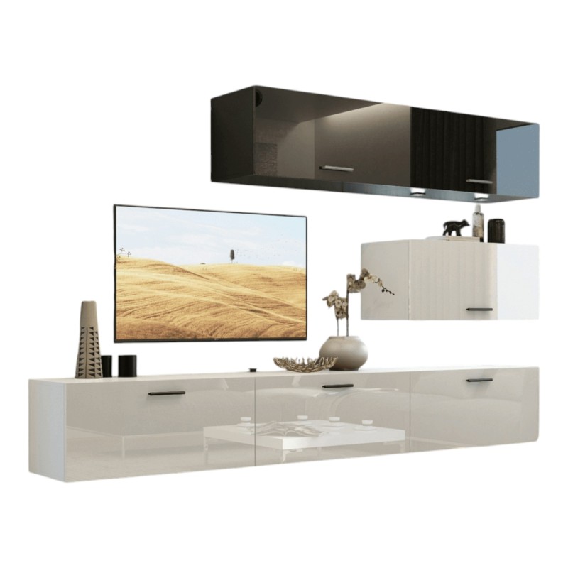 Ensemble de meubles de salon blanc et noir, suspendus collection CEPTO XXV. 249cm, 6 meubles, leds, modulables.