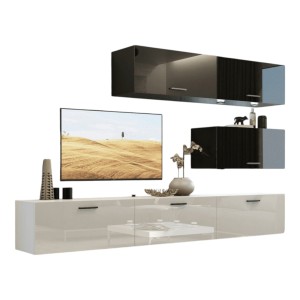 Ensemble de meubles de salon noir et blanc, suspendus collection CEPTO XXV. 249cm, 6 meubles, leds, modulables.