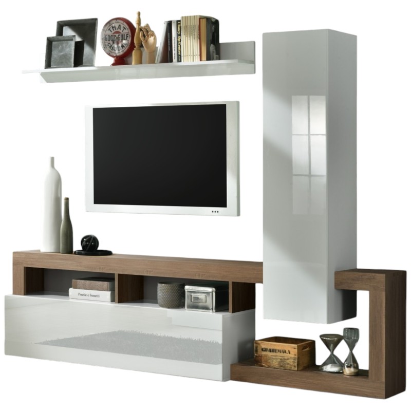 Ensemble meubles salon avec rangements, collection BURA, longueur 219 cm, blanc laqué/chêne mercure