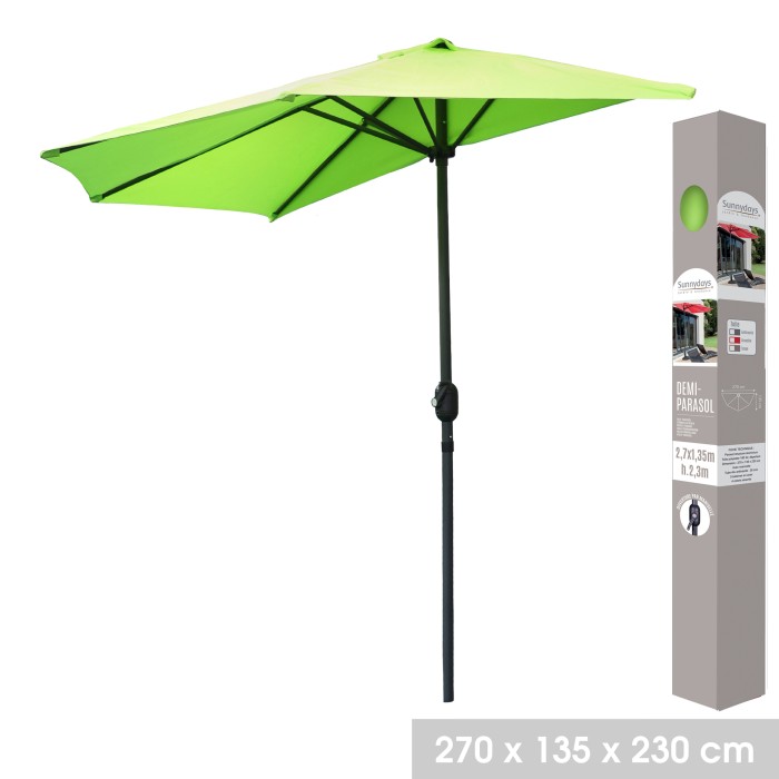 Demi-parasol mural vert anis – 270x135x230cm – Aluminium – Toile polyester 180g/m² – Manivelle