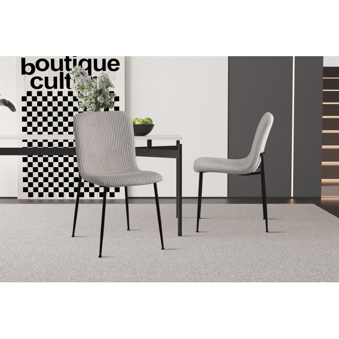 Chaise de salle à manger CORDUROY – Velours côtelé gris clair – Pieds en métal noir – Style design