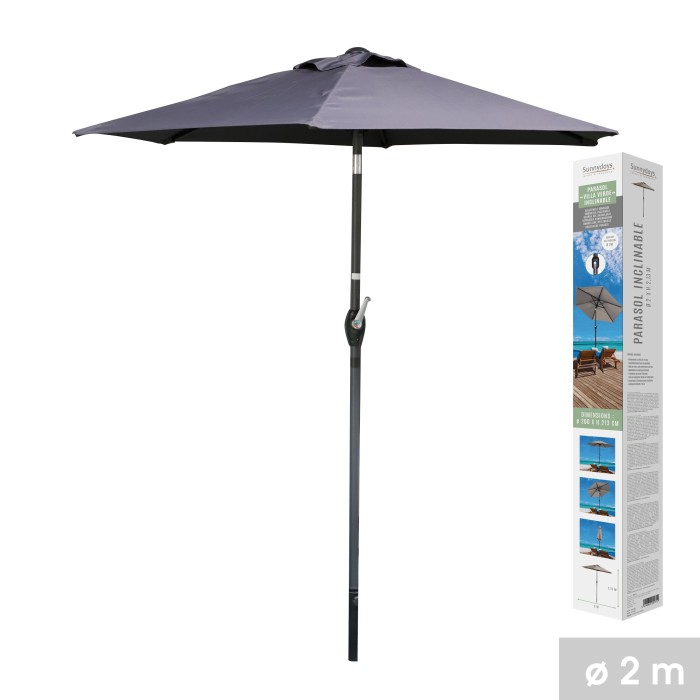 Parasol inclinable gris anthracite 200 cm – Mât acier 34 mm – Toile polyester 160g/m² déperlante