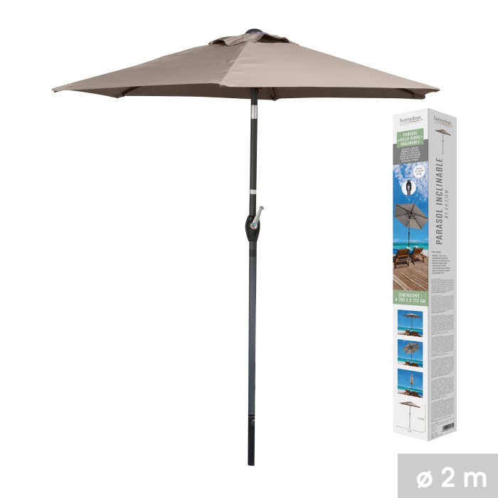 Parasol inclinable taupe – 2m – H2,13m – Acier – Toile polyester 160g/m² – Manivelle