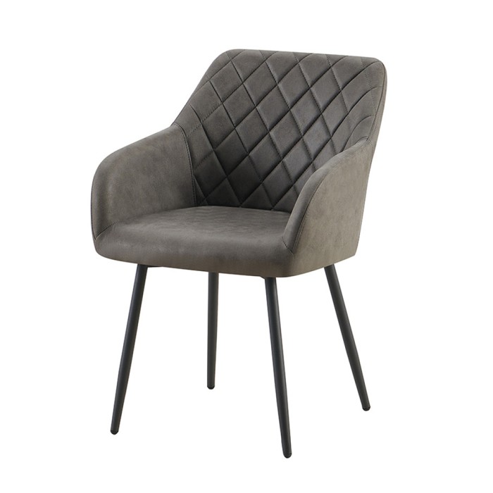 Chaise de salle à manger MARCO – Design industriel – Accoudoirs – Revêtement polyester gris – Pieds en métal noir