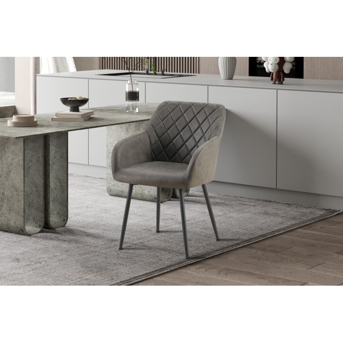 Chaise de salle à manger MARCO – Design industriel – Accoudoirs – Revêtement polyester gris – Pieds en métal noir