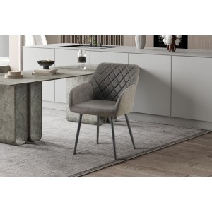 Chaise de salle à manger MARCO – Design industriel – Accoudoirs – Revêtement polyester gris – Pieds en métal noir