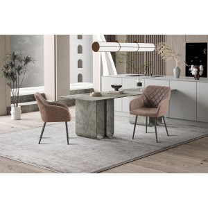 Chaise de salle à manger MARCO – Design industriel – Accoudoirs – Revêtement polyester coloris marron brun – Pieds en métal noir