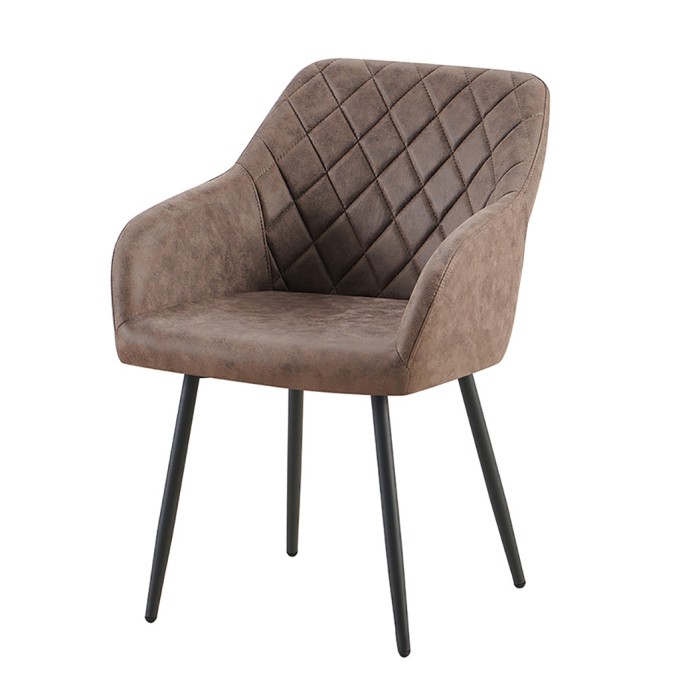 Chaise de salle à manger MARCO – Design industriel – Accoudoirs – Revêtement polyester coloris marron brun – Pieds en métal noir