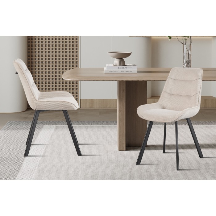 Chaise de salle à manger LOLA – Velours côtelé sable – Pieds en métal noir – Style design / industriel
