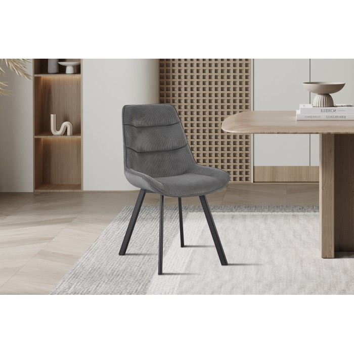 Chaise de salle à manger LOLA – Velours côtelé gris – Pieds en métal noir – Style design / industriel