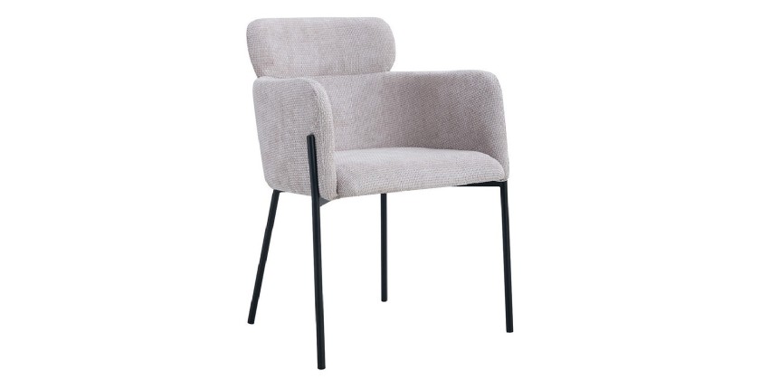 Chaise de salle à manger CAMPBELL – Tissu beige clair – Accoudoirs – Pieds en métal noir – Style design / industriel