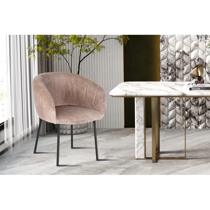 Chaise de salle à manger SEVILLE – Velours côtelé sable – Accoudoirs – Pieds en métal noir – Style design / industriel