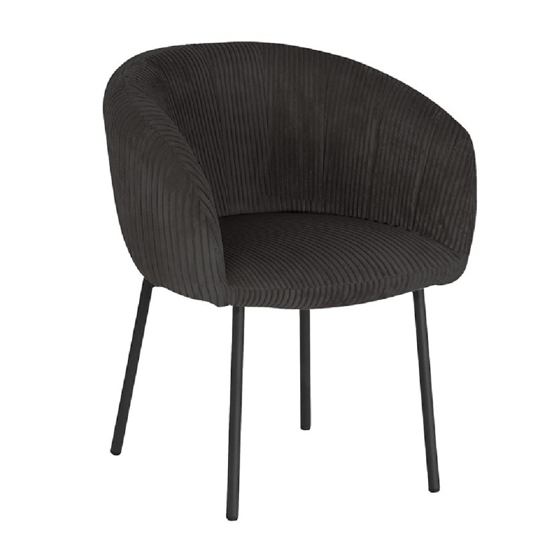 Chaise de salle à manger SEVILLE – Velours côtelé gris – Accoudoirs – Pieds en métal noir – Style design / industriel