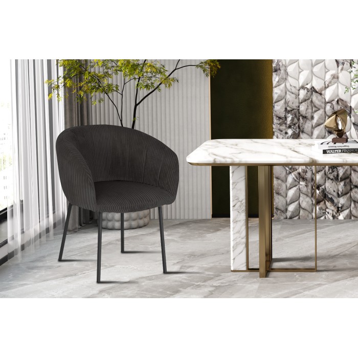 Chaise de salle à manger SEVILLE – Velours côtelé gris – Accoudoirs – Pieds en métal noir – Style design / industriel