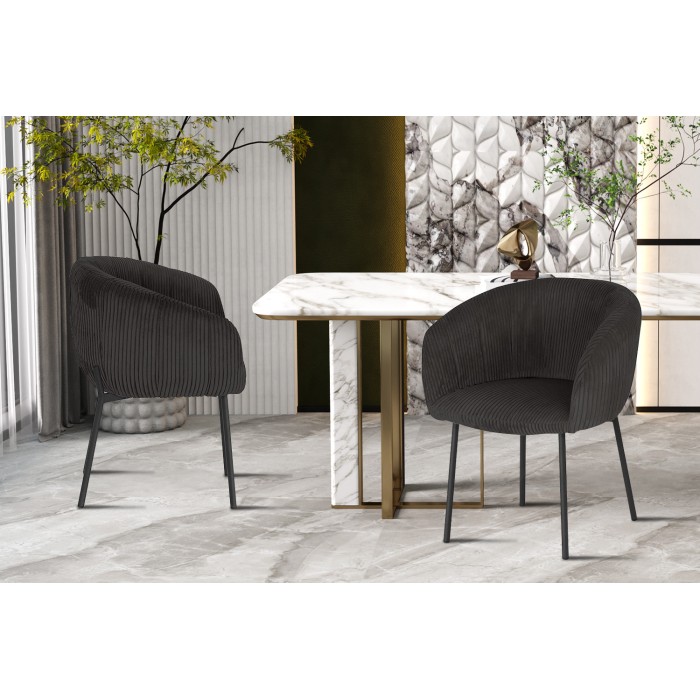 Chaise de salle à manger SEVILLE – Velours côtelé gris – Accoudoirs – Pieds en métal noir – Style design / industriel