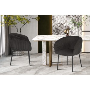 Chaise de salle à manger SEVILLE – Velours côtelé gris – Accoudoirs – Pieds en métal noir – Style design / industriel