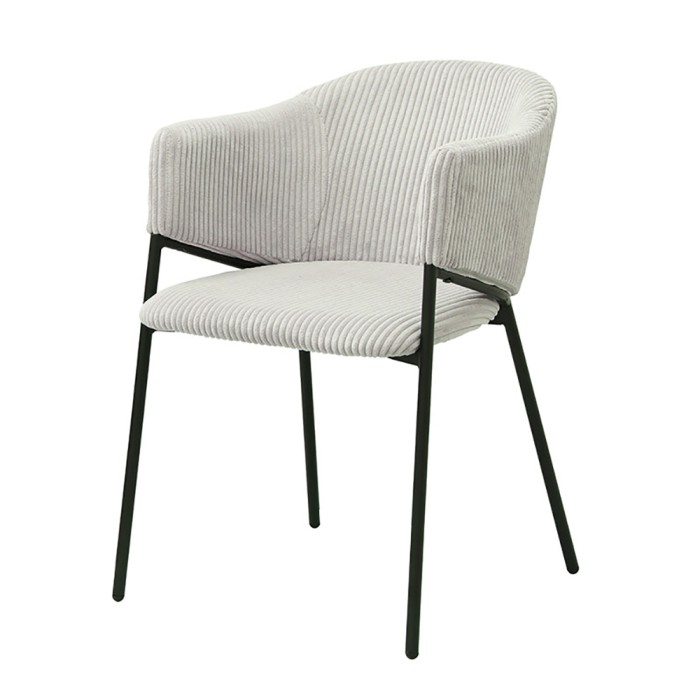 Chaise de salle à manger IMANY – Velours côtelé gris clair – Accoudoirs – Pieds en métal noir – Style design / industriel