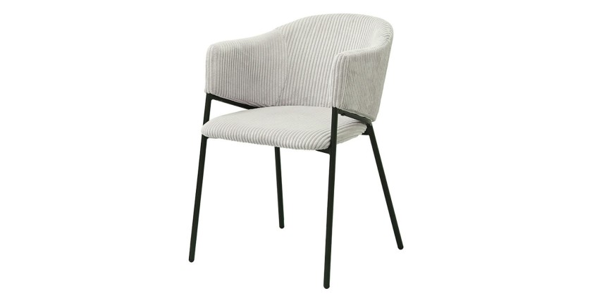 Chaise de salle à manger IMANY – Velours côtelé gris clair – Accoudoirs – Pieds en métal noir – Style design / industriel