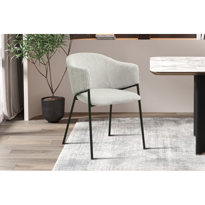Chaise de salle à manger IMANY – Velours côtelé gris clair – Accoudoirs – Pieds en métal noir – Style design / industriel