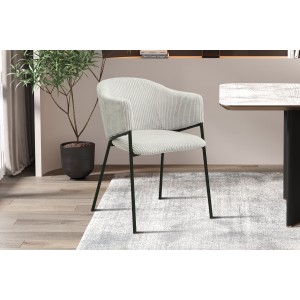 Chaise de salle à manger IMANY – Velours côtelé gris clair – Accoudoirs – Pieds en métal noir – Style design / industriel