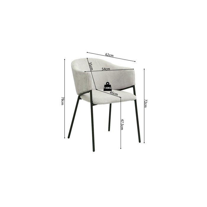 Chaise de salle à manger IMANY – Velours côtelé gris clair – Accoudoirs – Pieds en métal noir – Style design / industriel