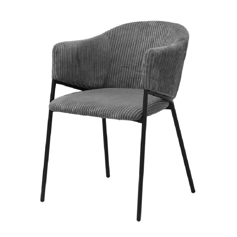 Chaise de salle à manger IMANY – Velours côtelé gris foncé – Accoudoirs – Pieds en métal noir – Style design / industriel