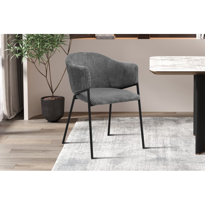 Chaise de salle à manger IMANY – Velours côtelé gris foncé – Accoudoirs – Pieds en métal noir – Style design / industriel